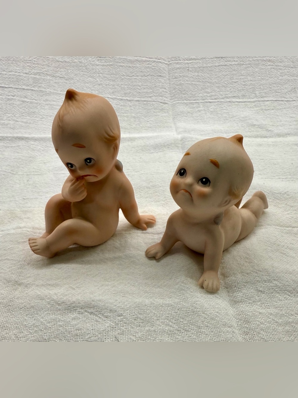 Pair Vintage Kewpie Bisque Porcelain Baby Figurines - Made in Japan & numbered